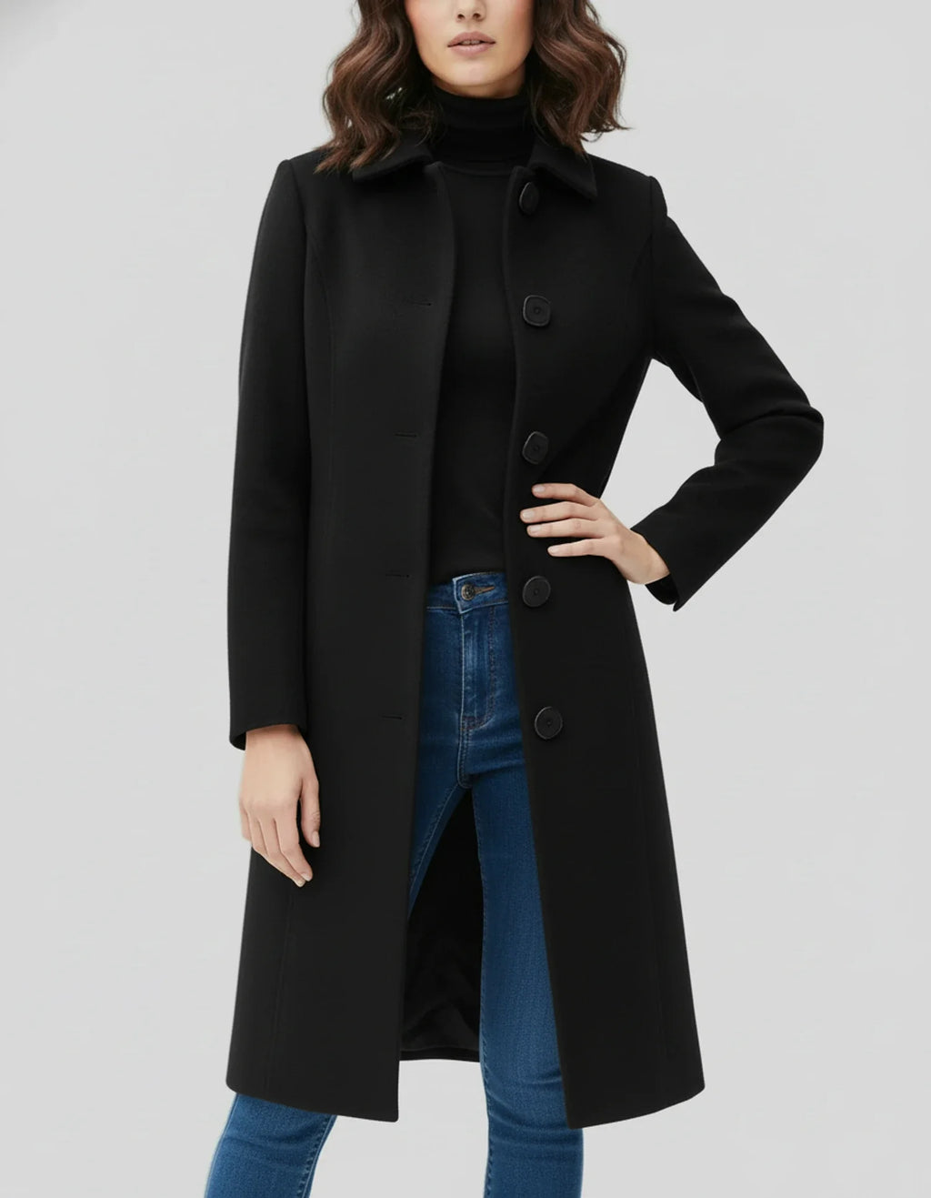 Women's long single-breasted coat with notched lapel and button front