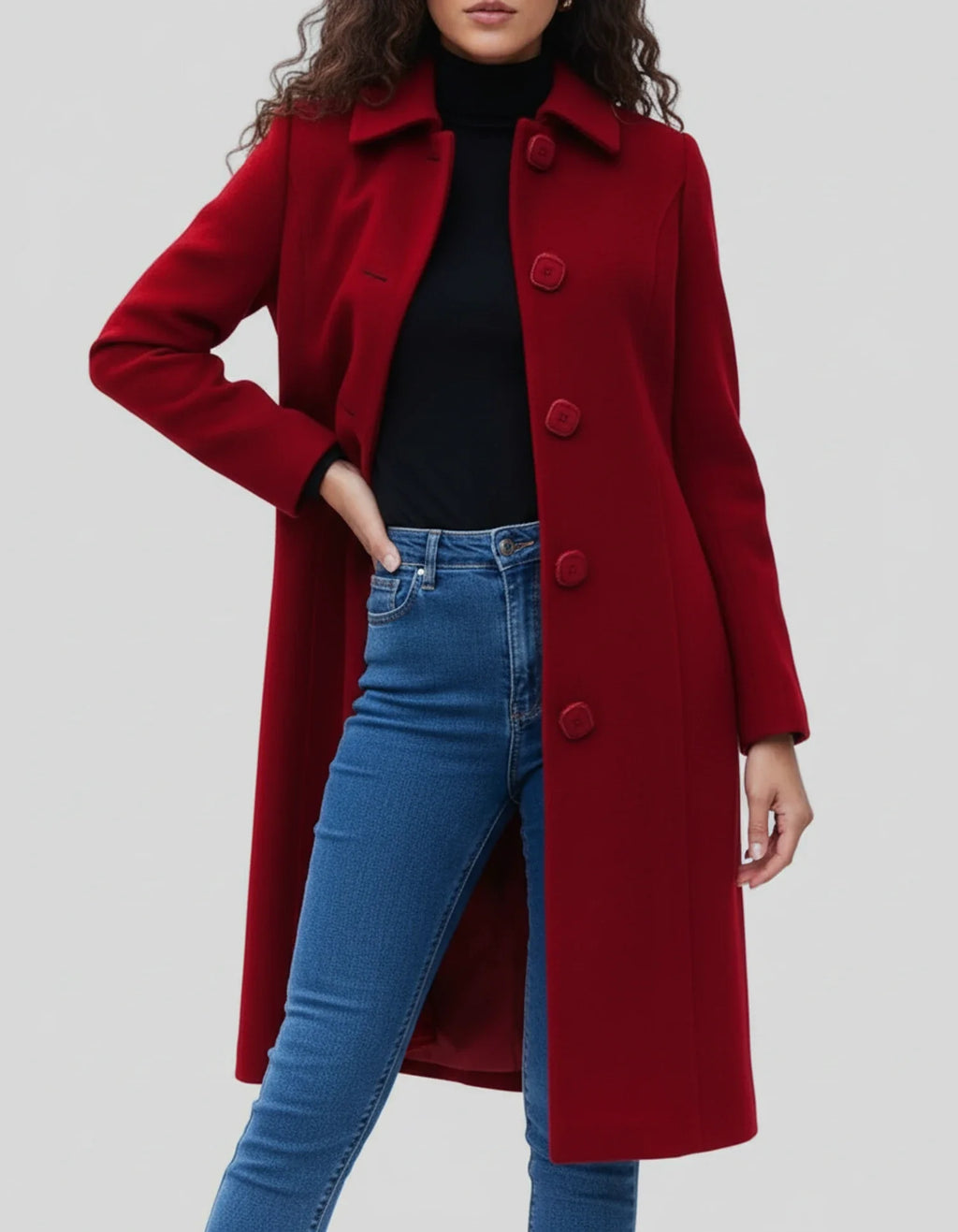 Women's long single-breasted coat with notched lapel and button front