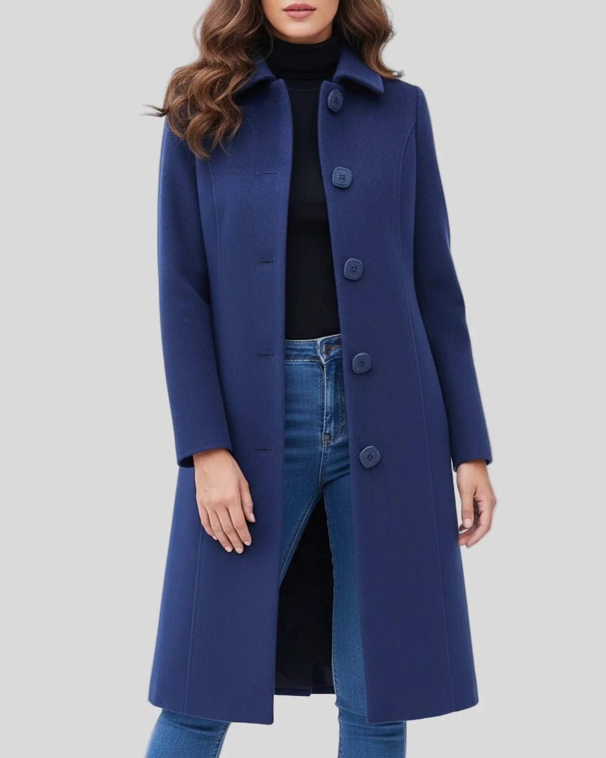 Women's long single-breasted coat with notched lapel and button front