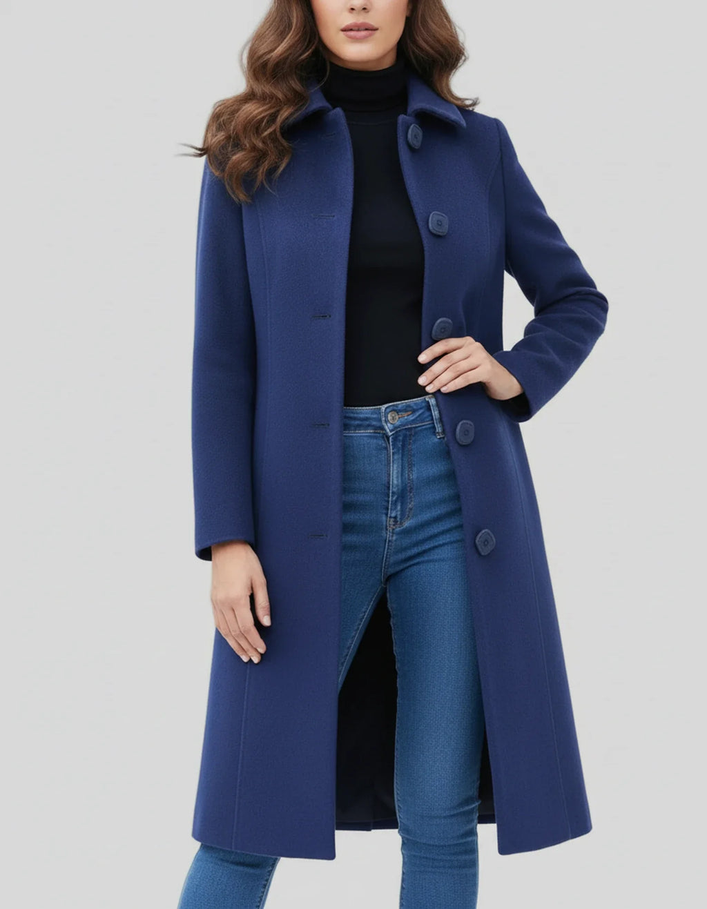 Women's long single-breasted coat with notched lapel and button front