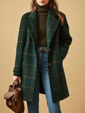 Women's green windowpane check longline coat with notched lapels and button fastening