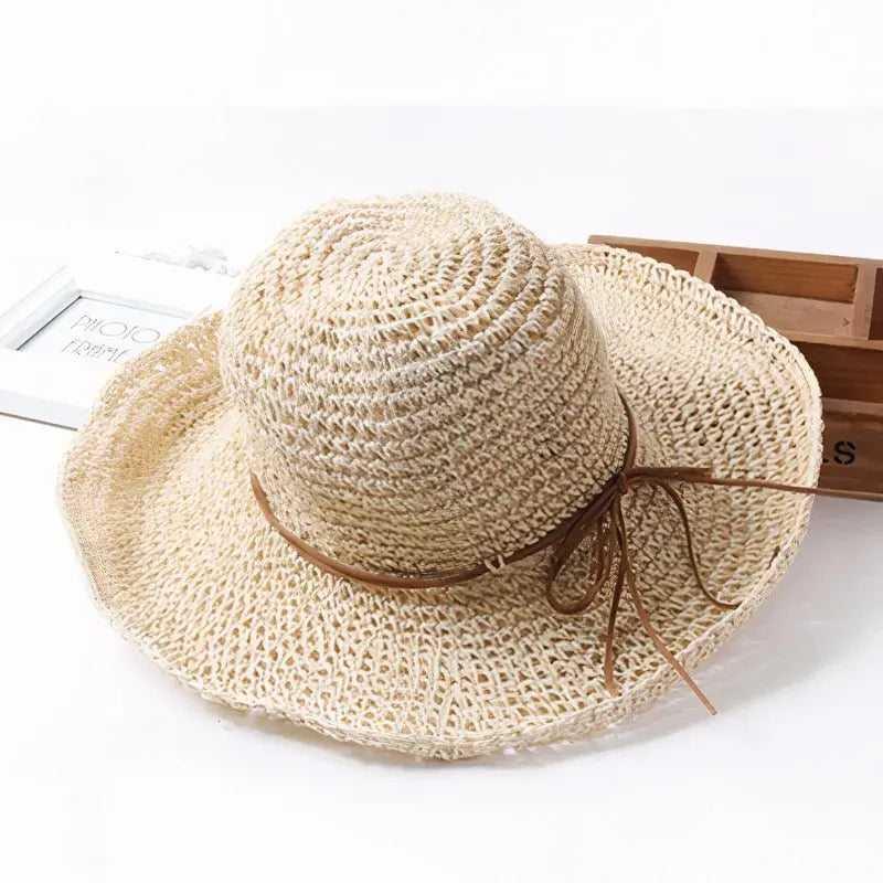 Chapeau de soleil pour femme en paille tressée, à large bord et garniture tressée