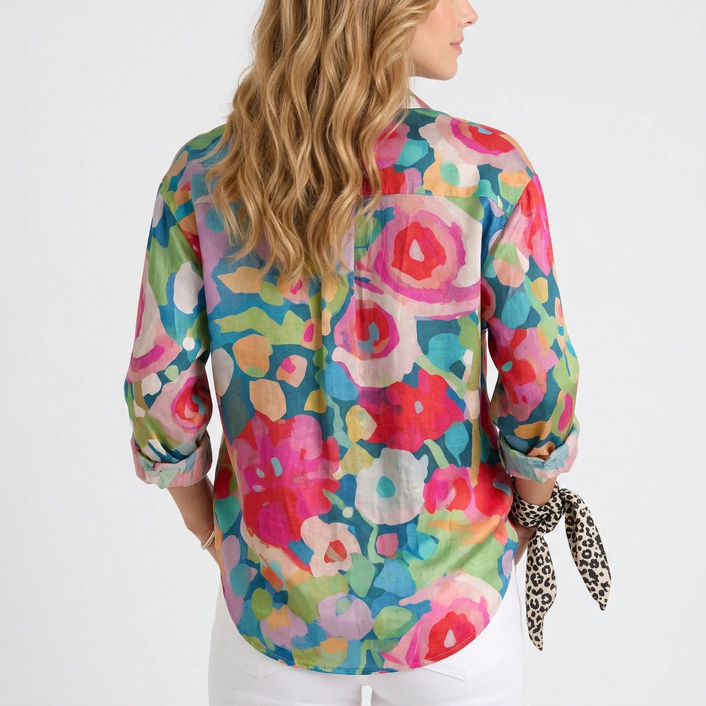 Women’s Printed Button Up Shirt – Long Sleeve Collared Blouse Style