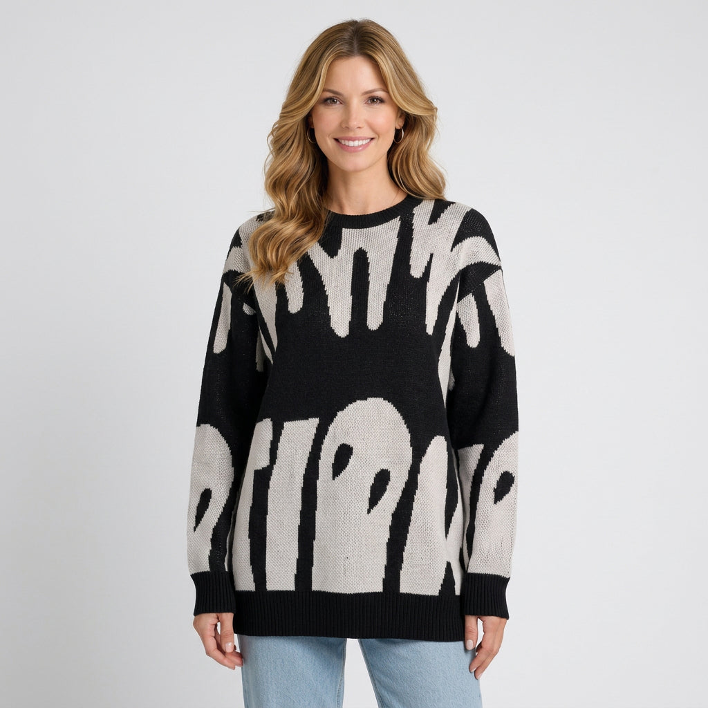 Women’s Patterned Knit Sweater – Crew Neck Long Sleeve Pullover