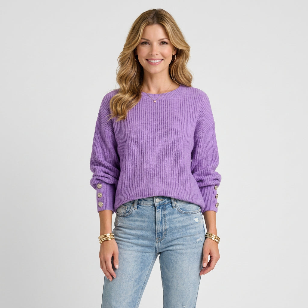 Women’s Ribbed Knit Sweater – Crew Neck Button Cuff Pullover