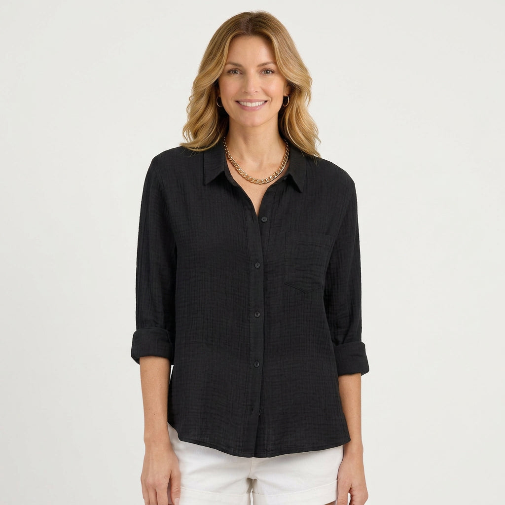 Women’s Relaxed Button Up Shirt – Collared Long Sleeve Pocket Style