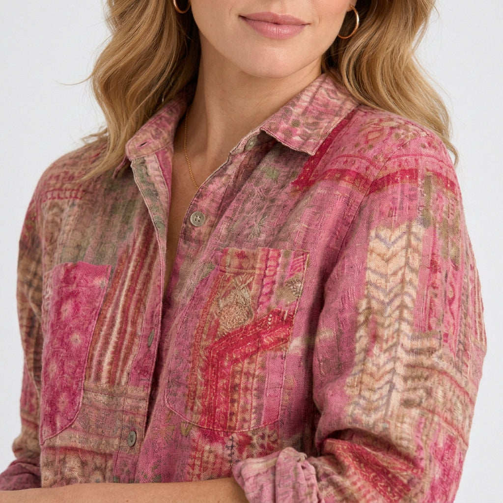 Women’s Printed Button Up Shirt – Collared Long Sleeve Pocket Style