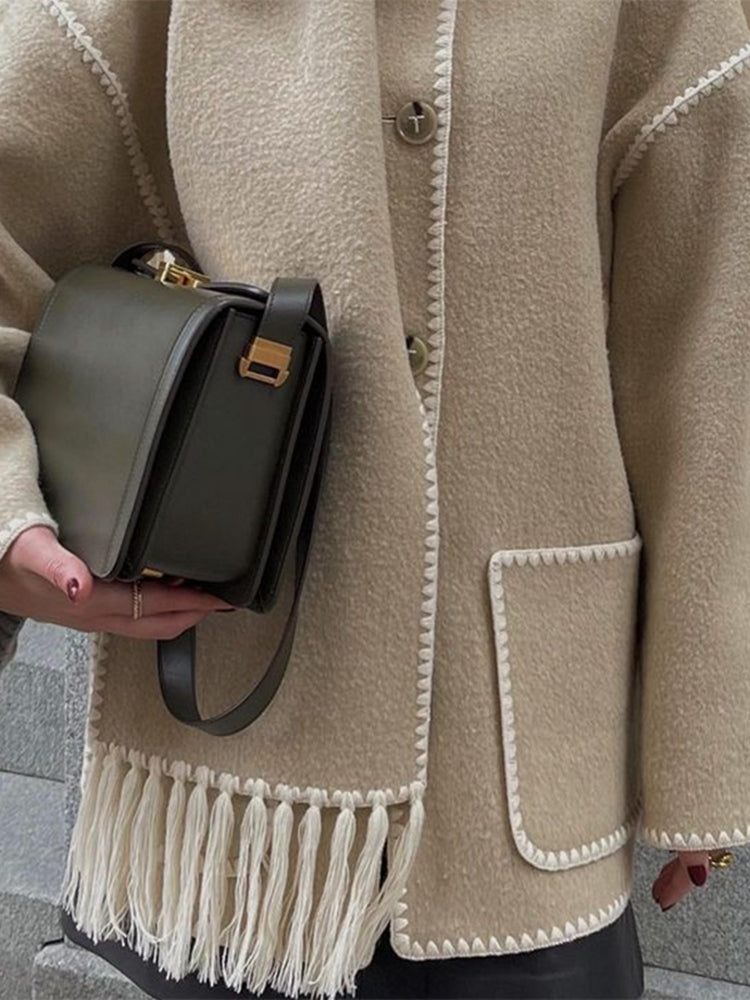 Manteau-écharpe pour femme à points de couverture, avec bordure à franges