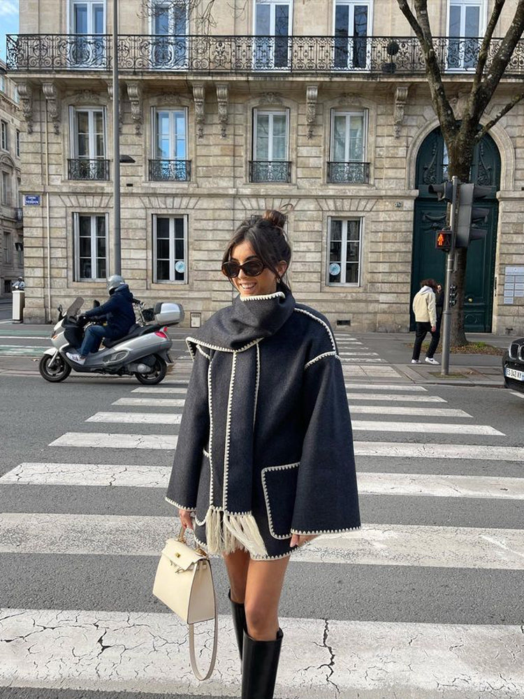 Manteau-écharpe pour femme à points de couverture, avec bordure à franges