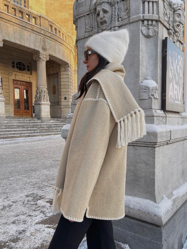 Manteau-écharpe pour femme à points de couverture, avec bordure à franges