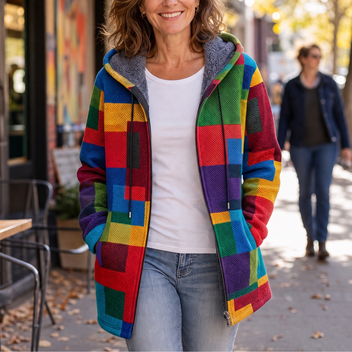 Women's Geometric Patchwork Sherpa Lined Hooded Jacket