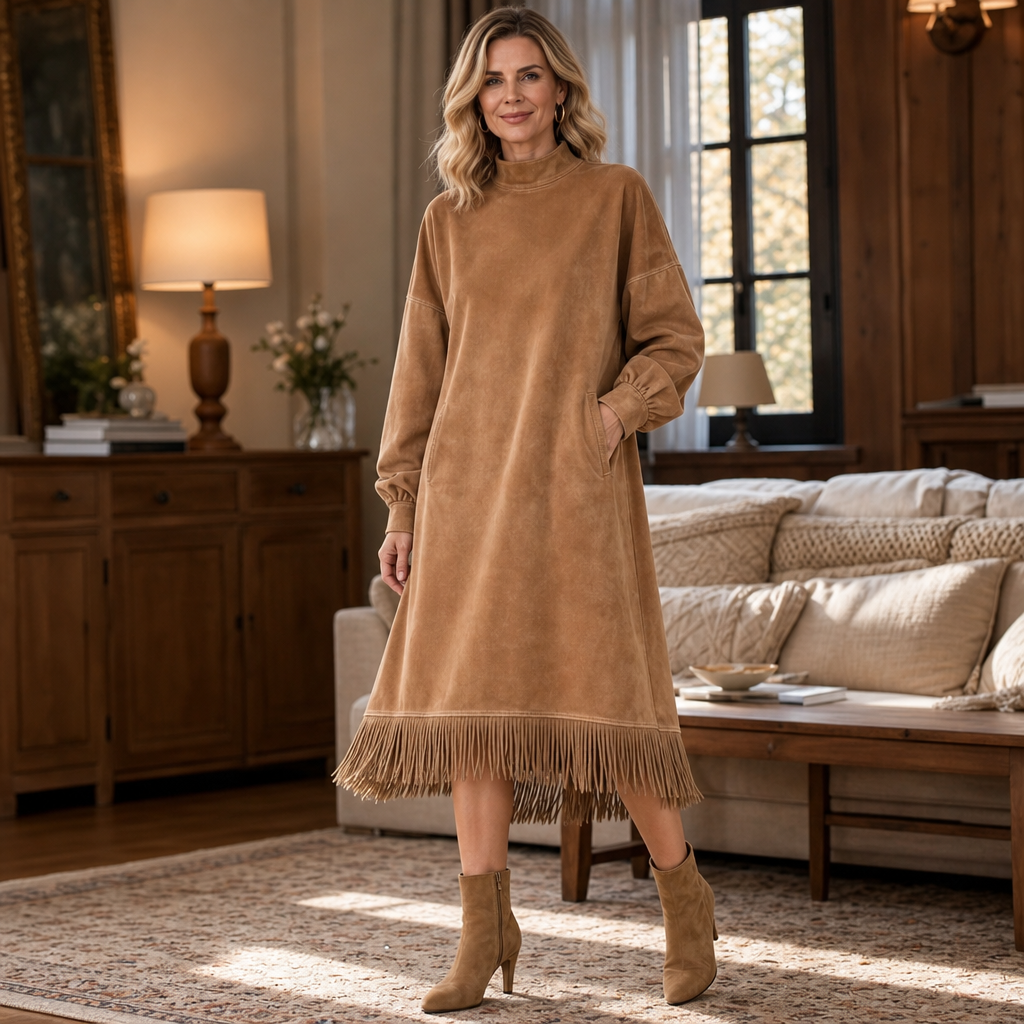 Robe midi pour femme à col montant, aspect daim