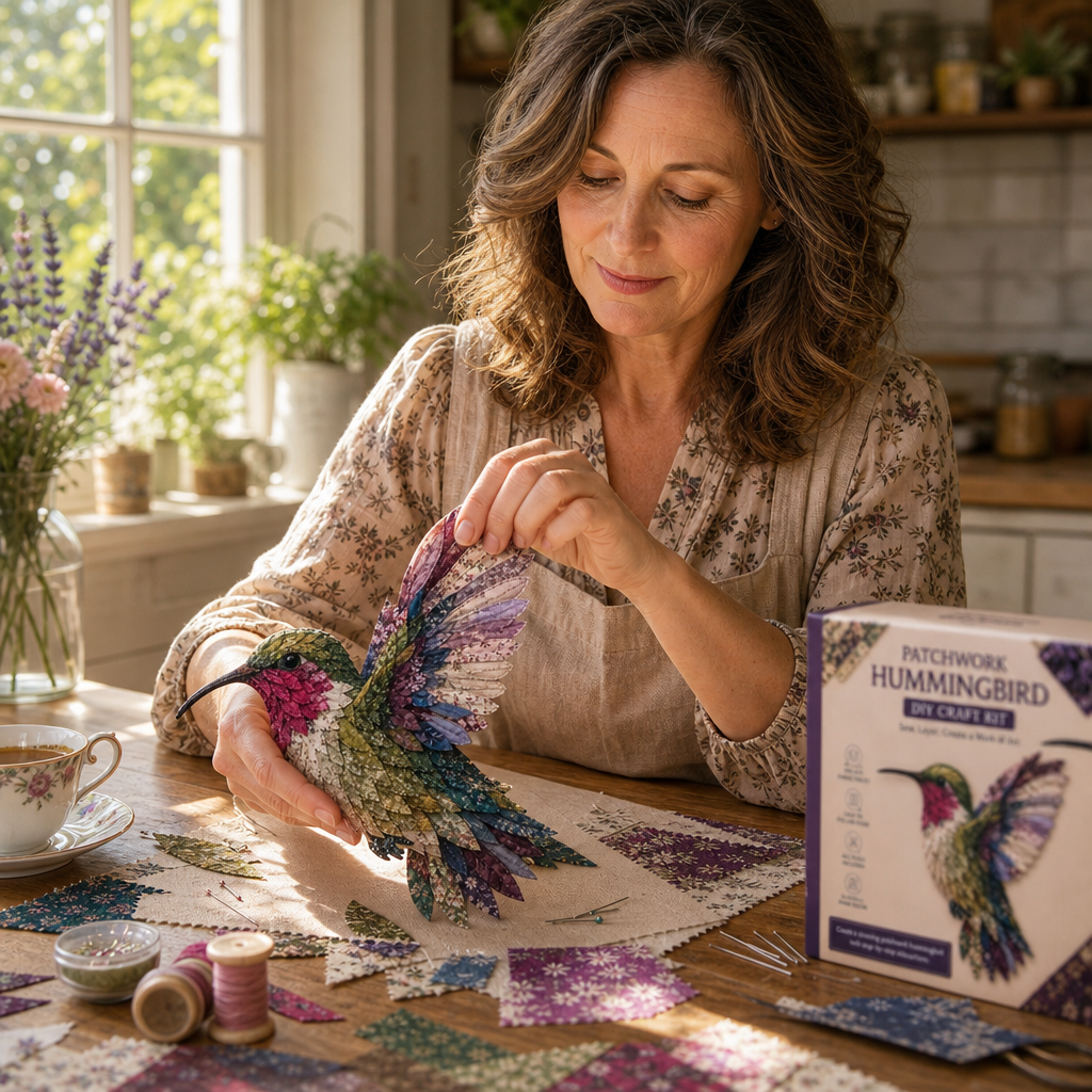 Layered multicolour patchwork hummingbird fabric art being assembled by hand