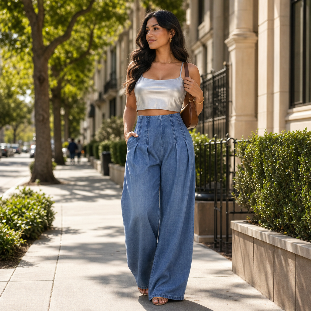 Women's High Waisted Pleated Wide-Leg Jeans