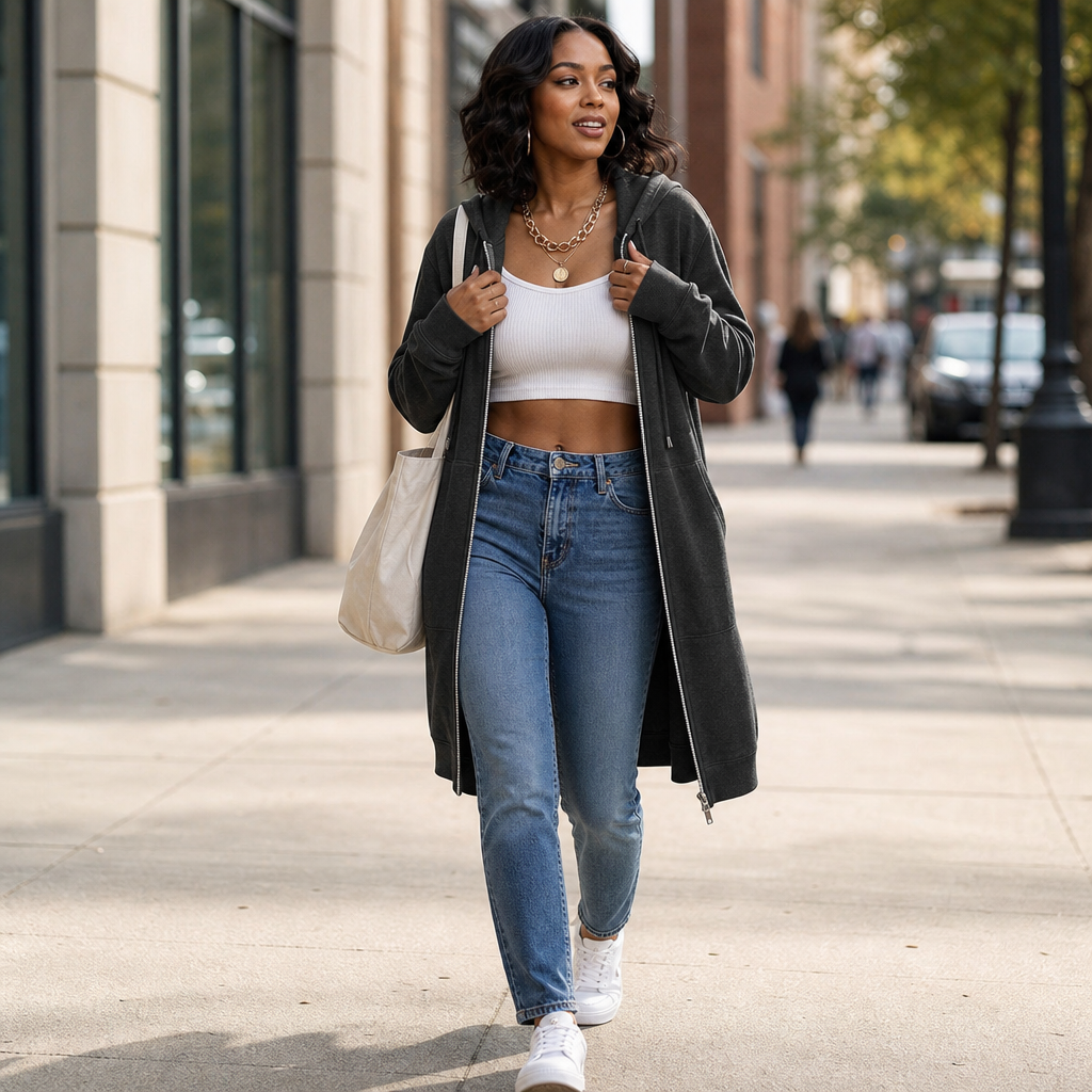 Women's Longline Zip-Up Hoodie with Side Pockets