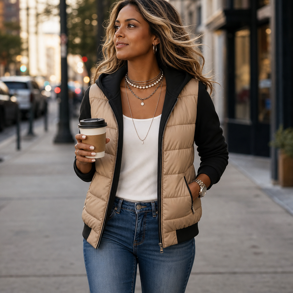 Women's hooded quilted puffer jacket with contrasting long sleeves and zip pockets