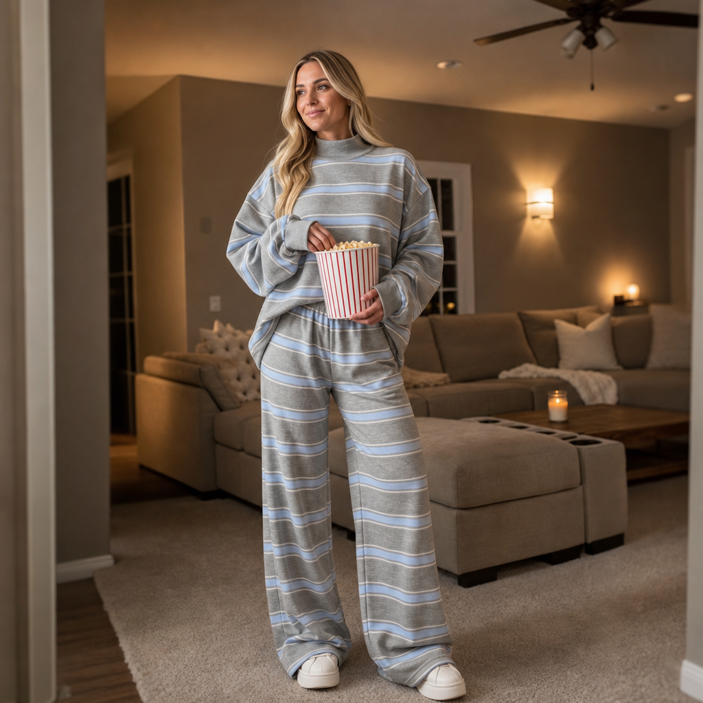 Women's Striped Mock Neck Oversized Lounge Set