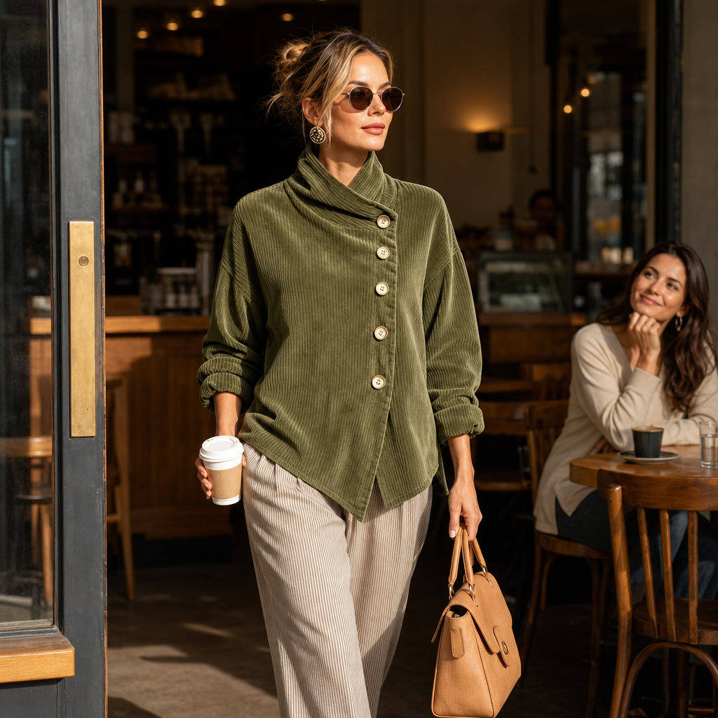 Women's ribbed funnel collar blouse with buttons and asymmetric hem