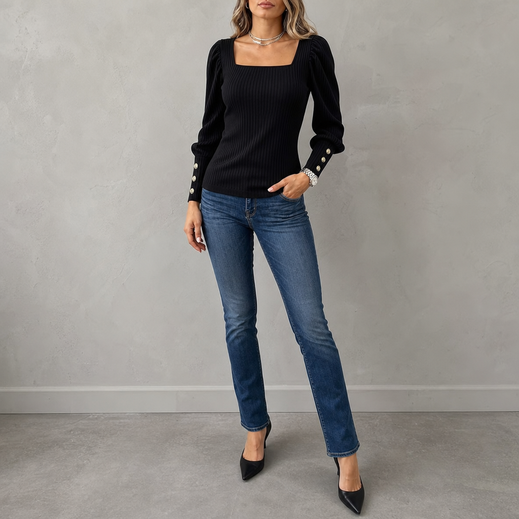 Top en maille côtelée à encolure carrée et poignets boutonnés pour femme