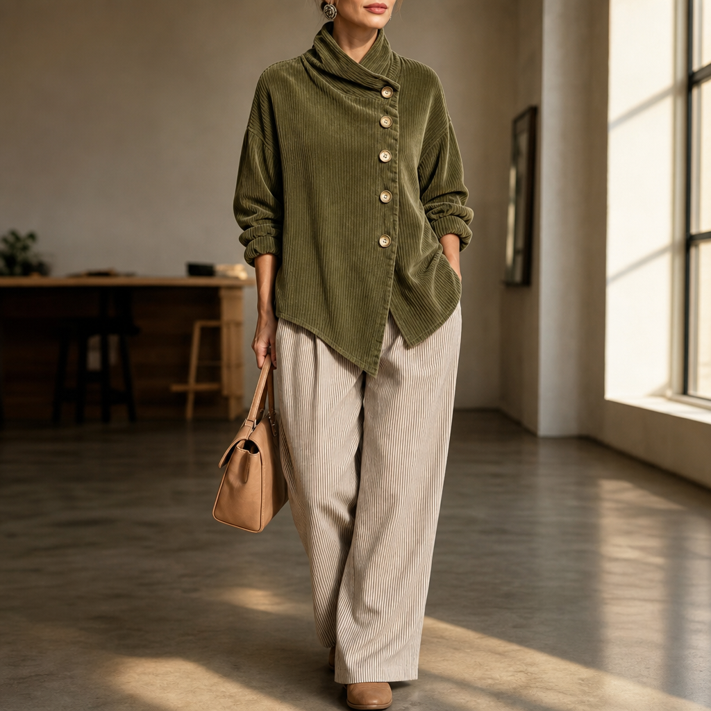 Women's ribbed funnel collar blouse with buttons and asymmetric hem