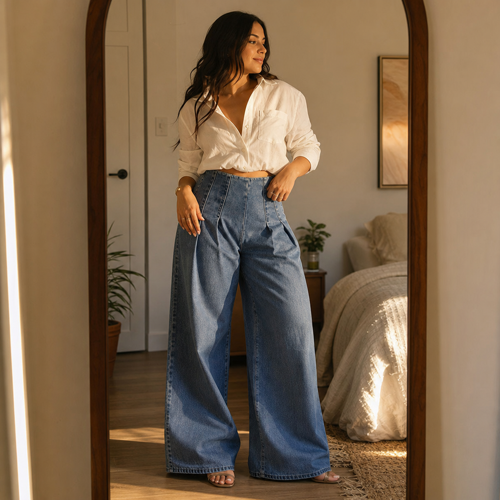 Women's High Waisted Pleated Wide-Leg Jeans