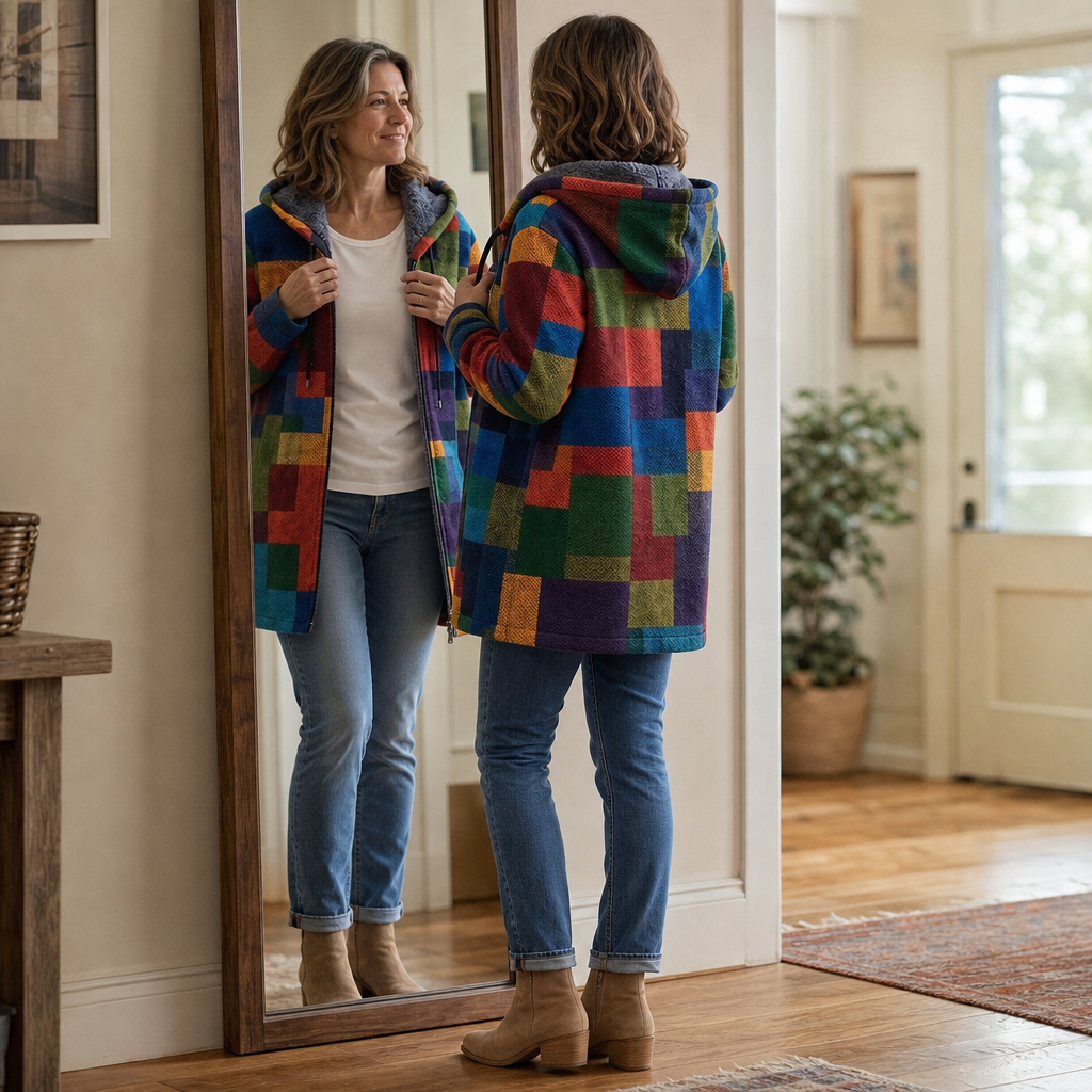Women's Geometric Patchwork Sherpa Lined Hooded Jacket