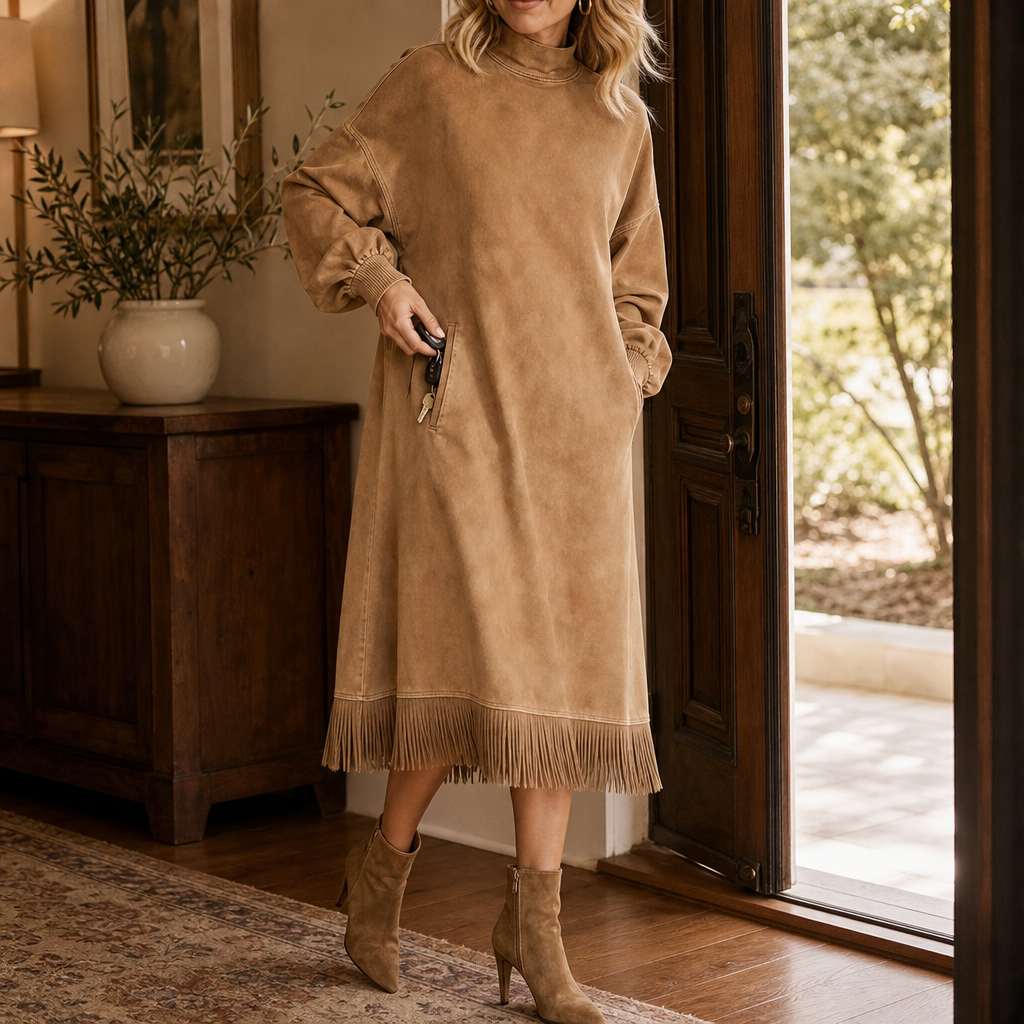Robe midi pour femme à col montant, aspect daim