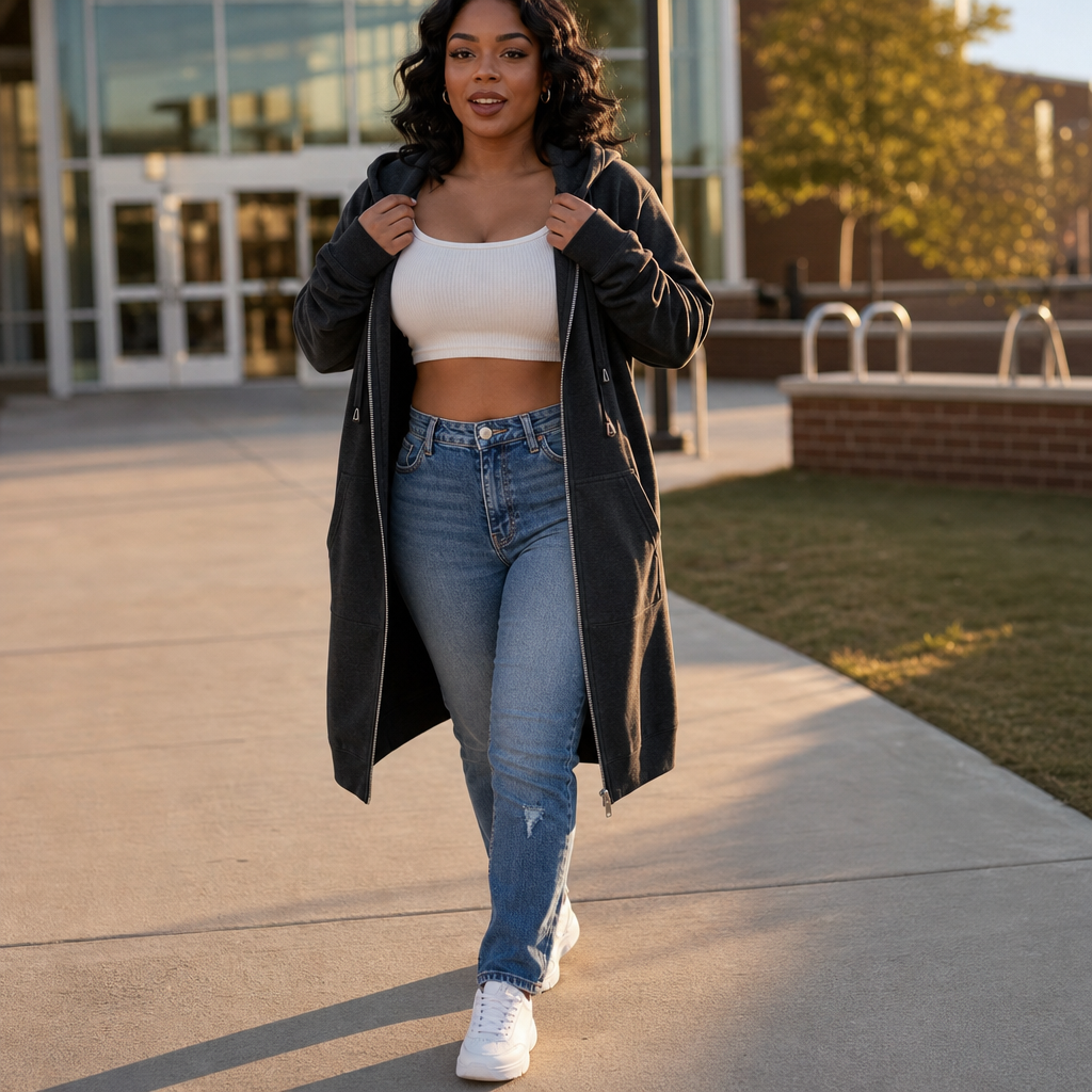Women's Longline Zip-Up Hoodie with Side Pockets