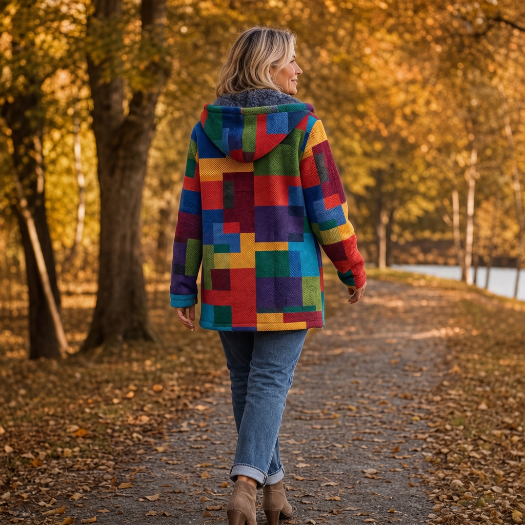 Women's Geometric Patchwork Sherpa Lined Hooded Jacket