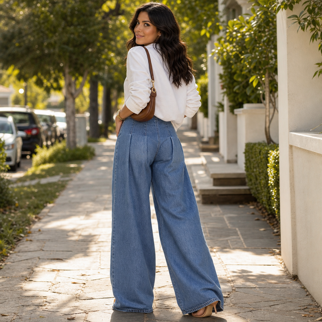 Women's High Waisted Pleated Wide-Leg Jeans