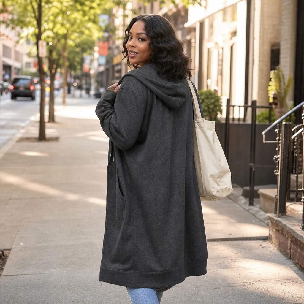 Women's Longline Zip-Up Hoodie with Side Pockets