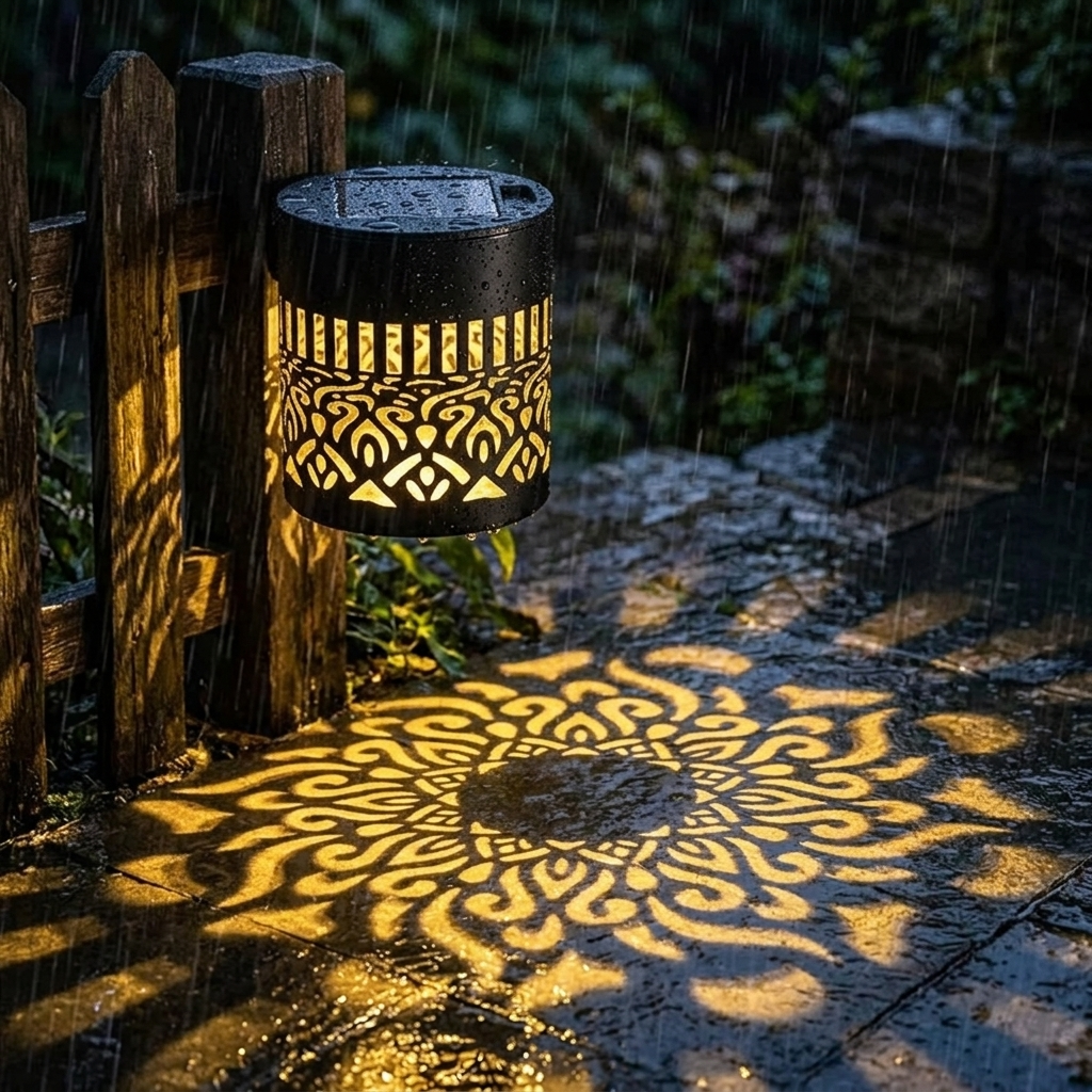 Black cylindrical solar lantern projecting warm patterned light on a wall and patio