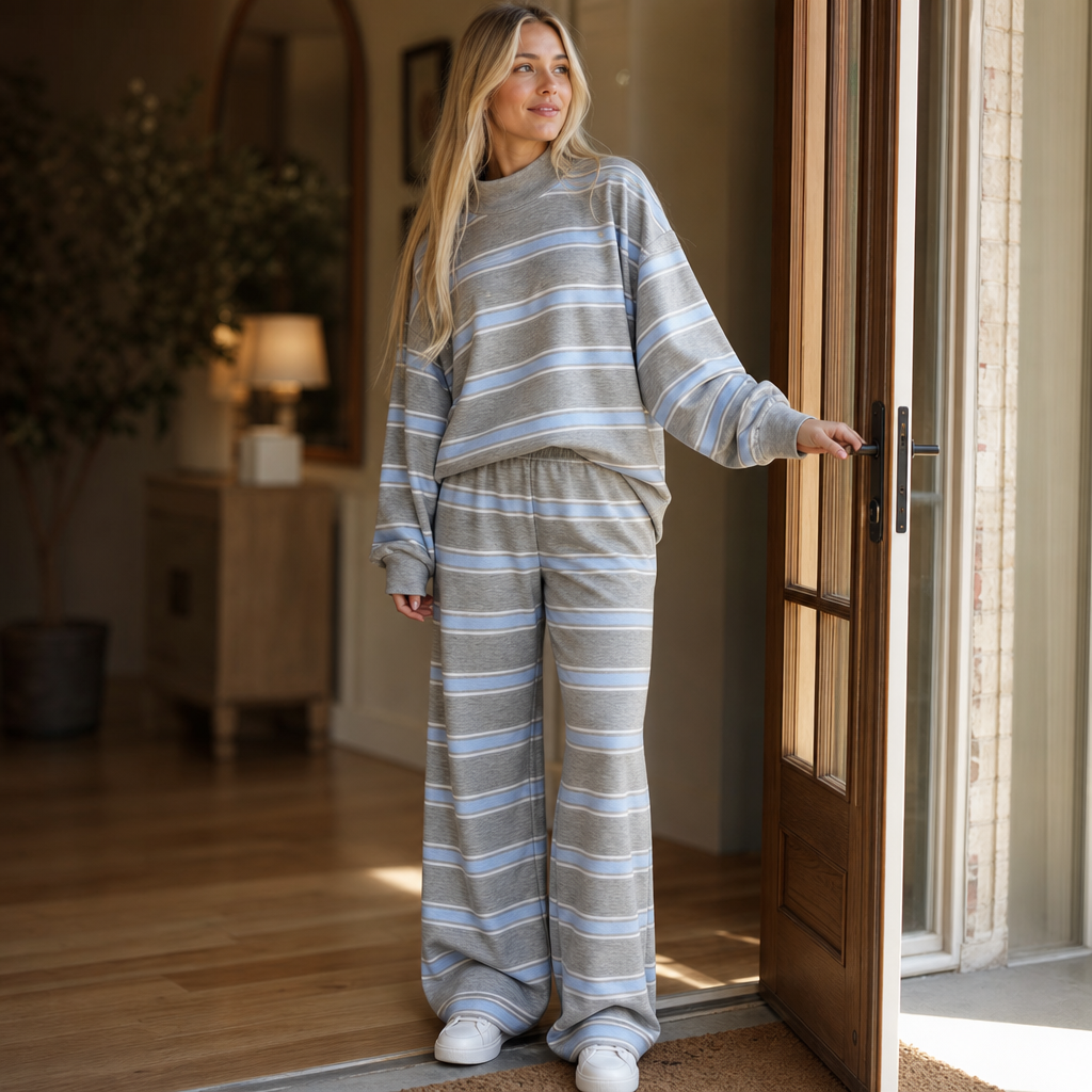 Women's Striped Mock Neck Oversized Lounge Set