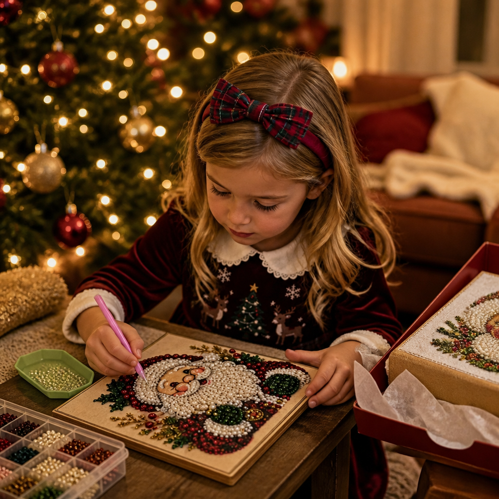 Christmas Santa raised-bead art kit on a square board with applicator pen and sorting tray