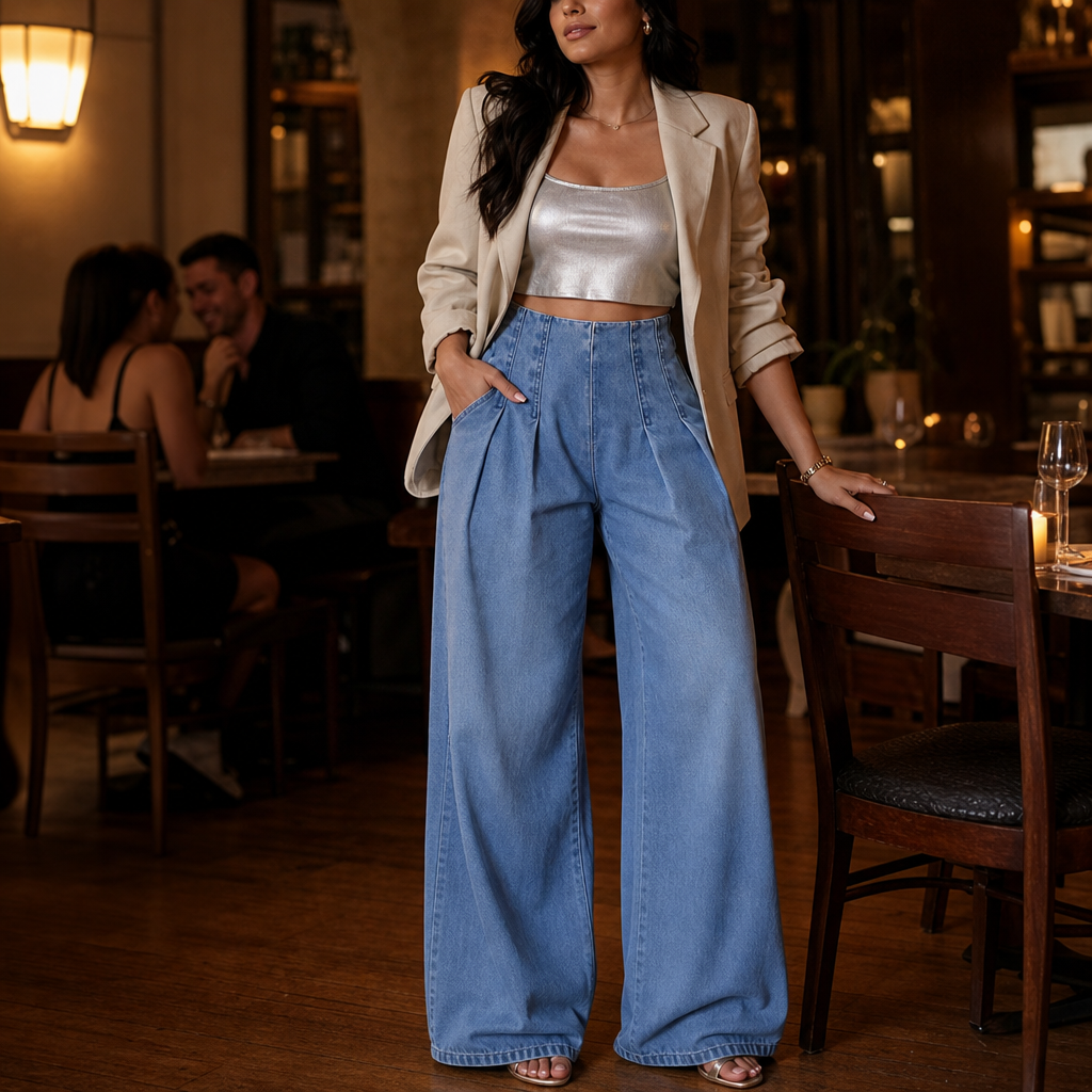 Women's High Waisted Pleated Wide-Leg Jeans