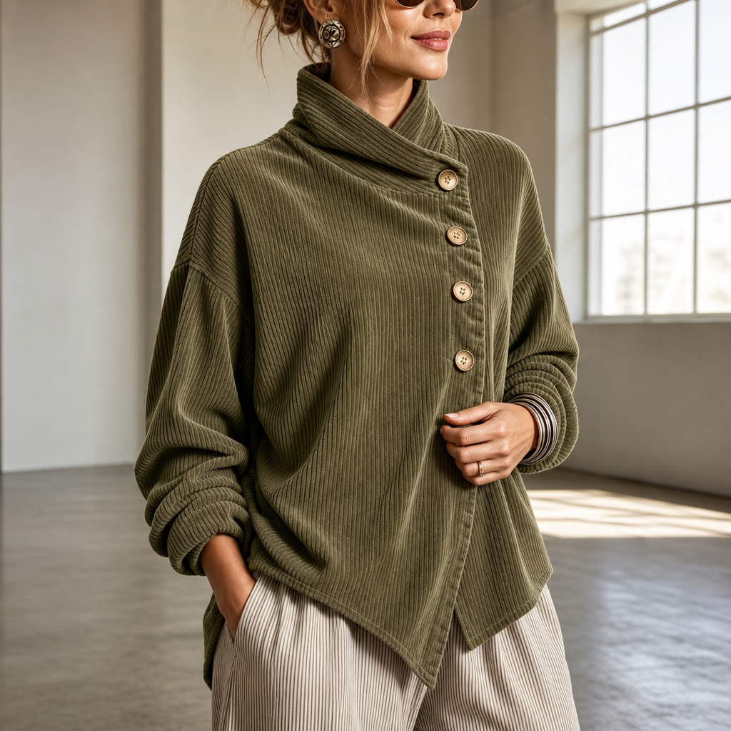Women's ribbed funnel collar blouse with buttons and asymmetric hem