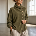 Women's ribbed funnel collar blouse with buttons and asymmetric hem
