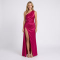 Women’s One Shoulder Maxi Dress – Satin Side Split Formal Style