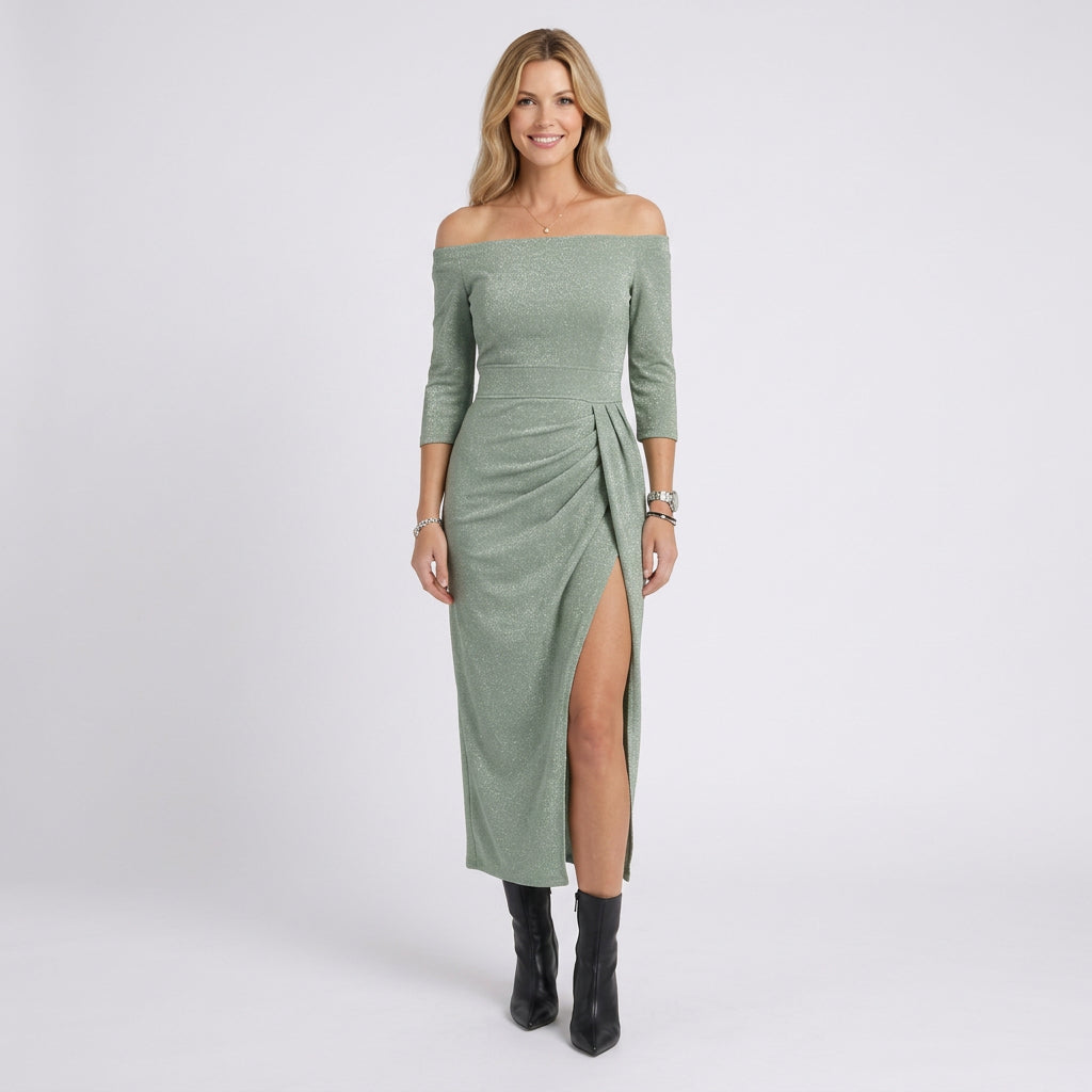 Women’s Off Shoulder Midi Dress – Ruched Side Split Bodycon Style