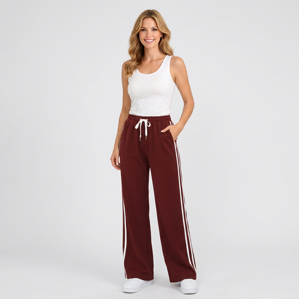 Women’s Wide Leg Track Pants – Drawstring Waist Side Stripe Style