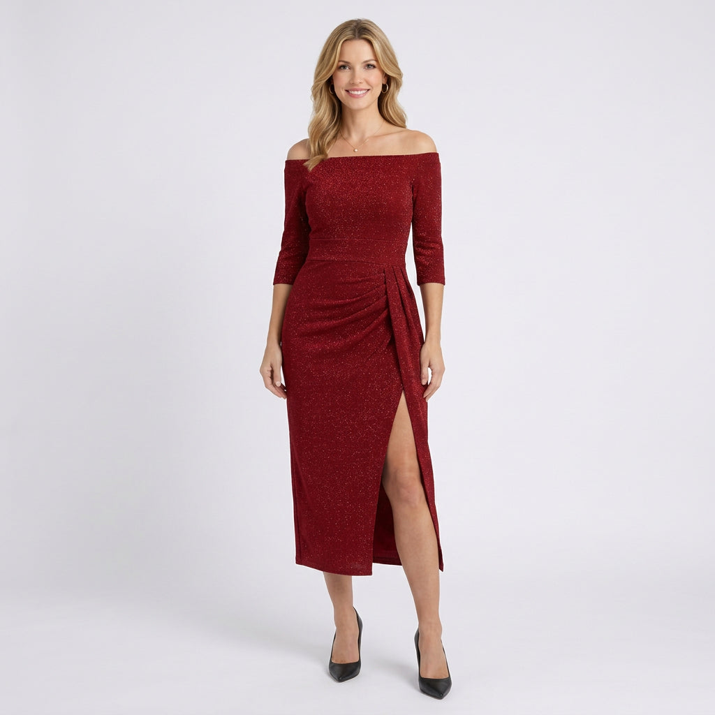 Women’s Off Shoulder Midi Dress – Ruched Side Split Bodycon Style