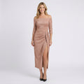 Women’s Off Shoulder Midi Dress – Ruched Side Split Bodycon Style