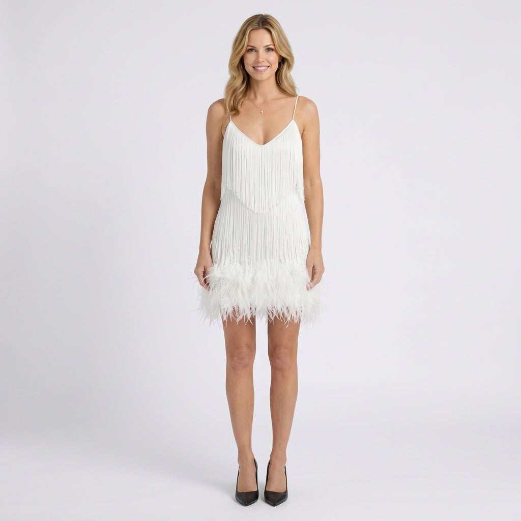 Women’s Fringe Mini Dress – Strappy V Neck Feather Hem Style