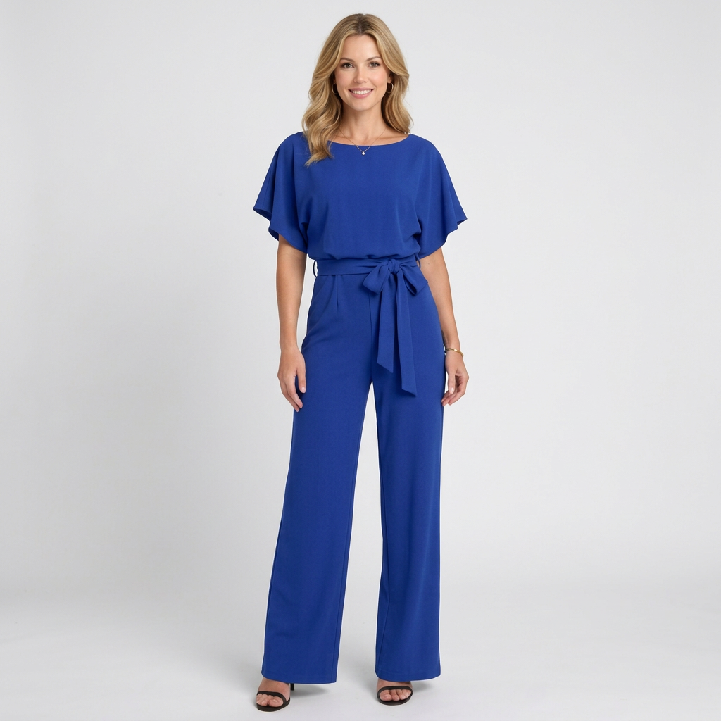 Women’s Tie Waist Wide Leg Jumpsuit – Short Sleeve Full Length Style