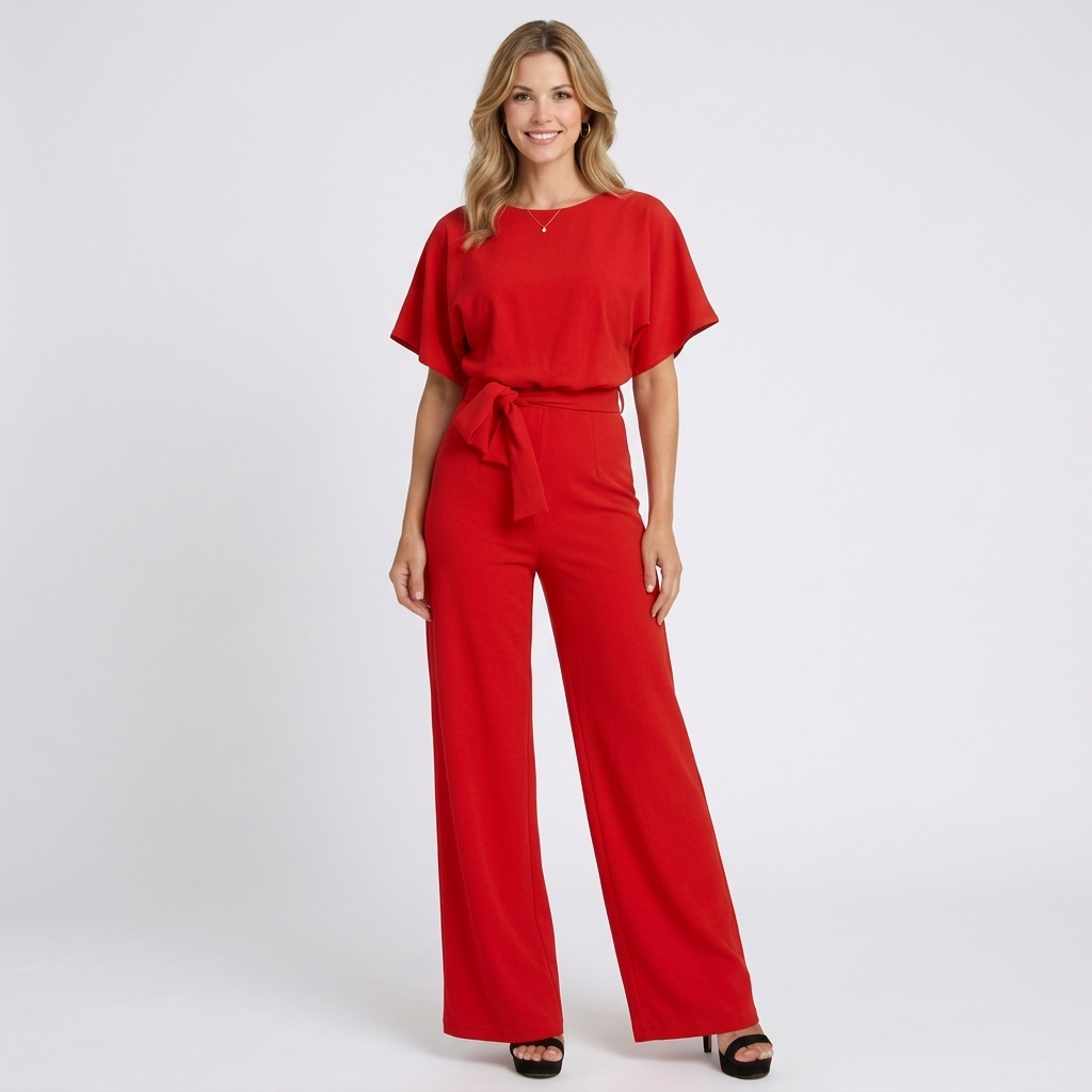 Women’s Tie Waist Wide Leg Jumpsuit – Short Sleeve Full Length Style