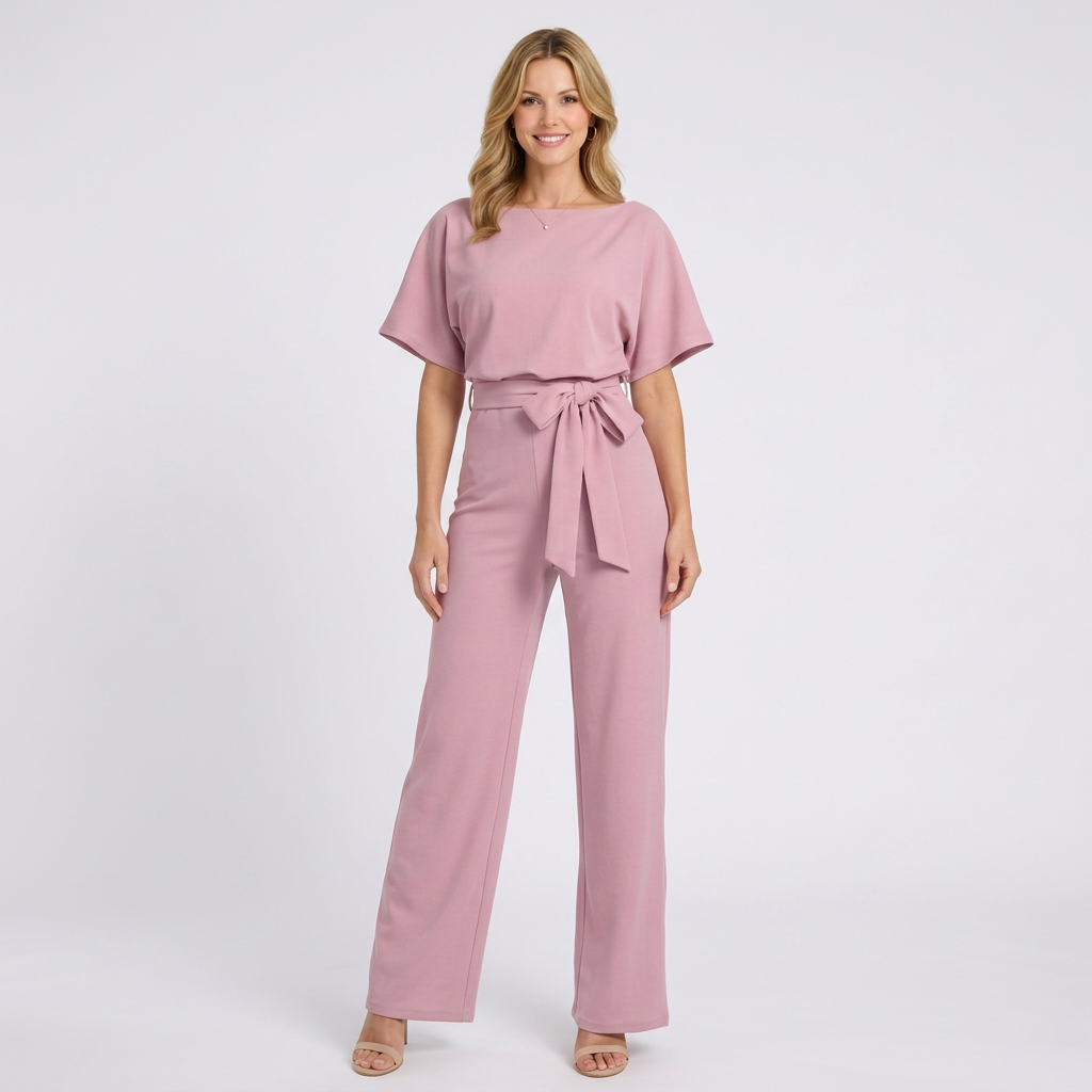 Women’s Tie Waist Wide Leg Jumpsuit – Short Sleeve Full Length Style
