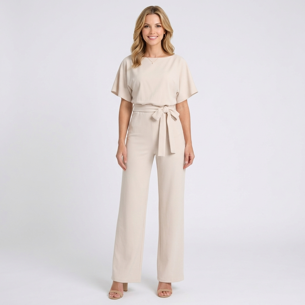 Women’s Tie Waist Wide Leg Jumpsuit – Short Sleeve Full Length Style