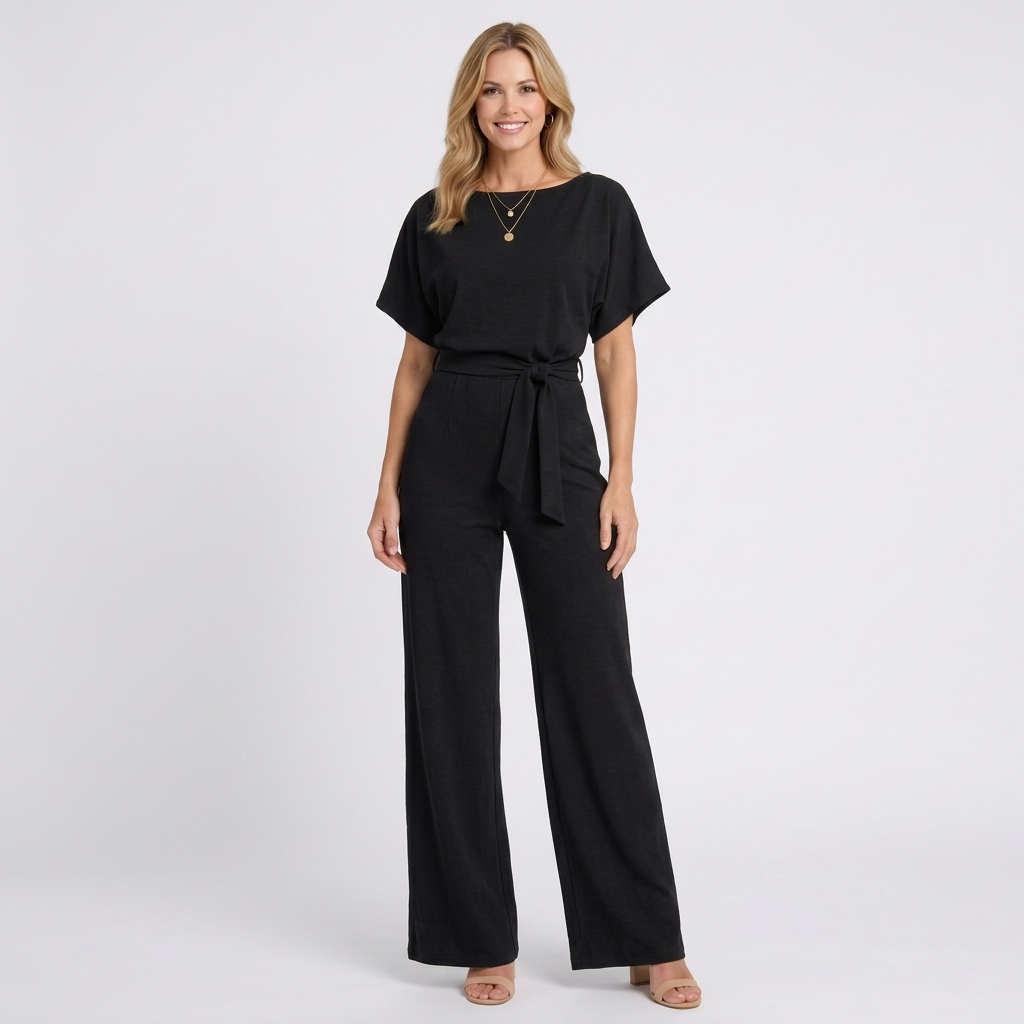 Women’s Tie Waist Wide Leg Jumpsuit – Short Sleeve Full Length Style