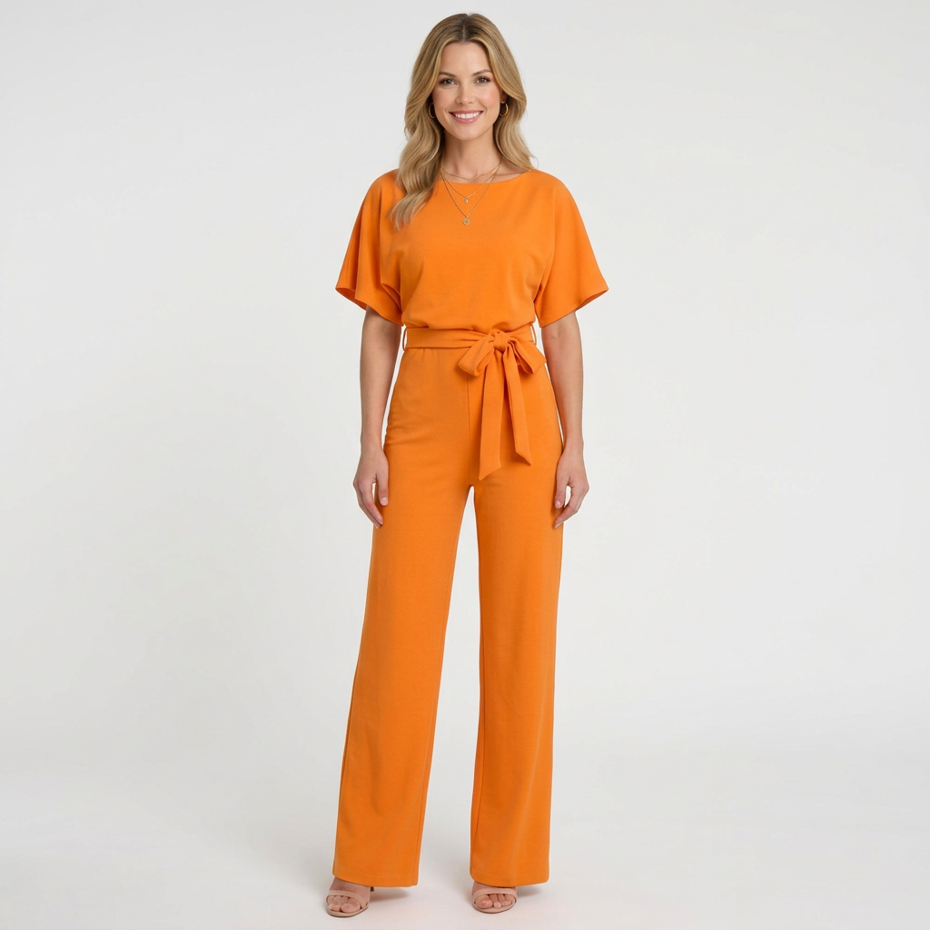 Women’s Tie Waist Wide Leg Jumpsuit – Short Sleeve Full Length Style