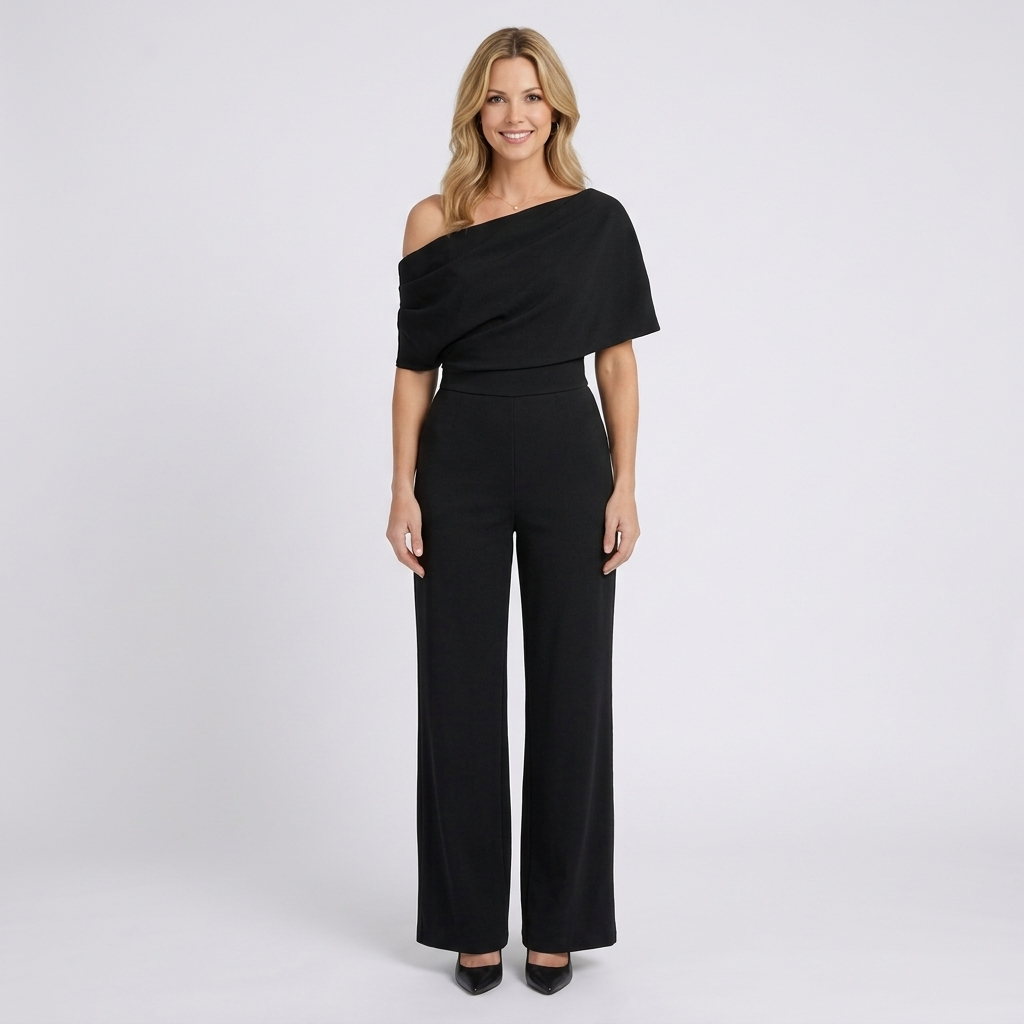 Women’s One Shoulder Wide Leg Jumpsuit – Draped Sleeve Formal Style